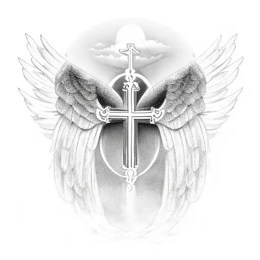 A Cross With Angel Wings In A Sketch Style