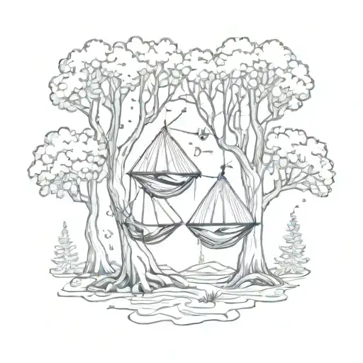 Three Hammocks Strung Up Between Two Trees In The Middle Of The Forest On A Moonlit Night