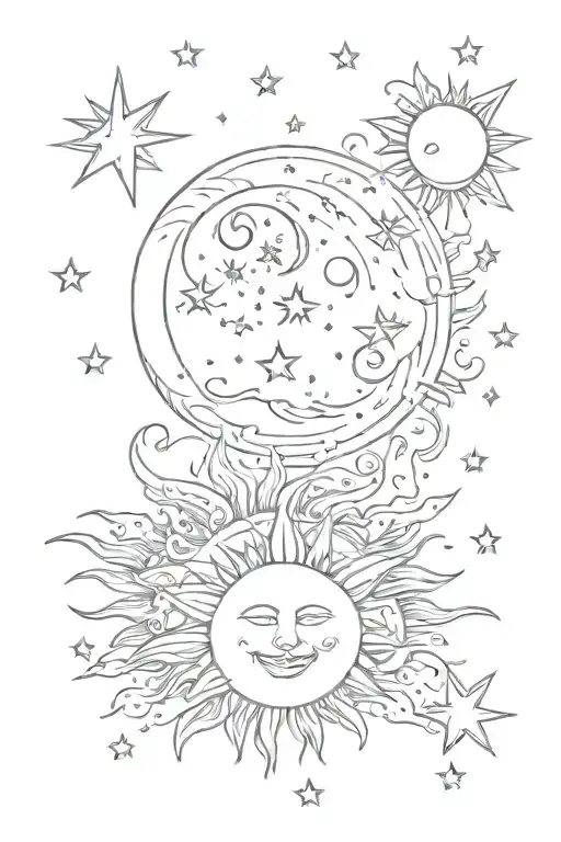 Moon And Sun With Shooting Stars