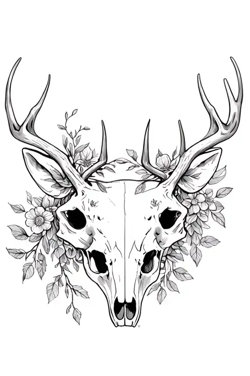 Raccoon Skull And Deer Skull Wrapped In Vines And Flowers