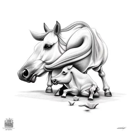 A Sketch-style Tattoo Of A Horse And A Cow Grazing Together