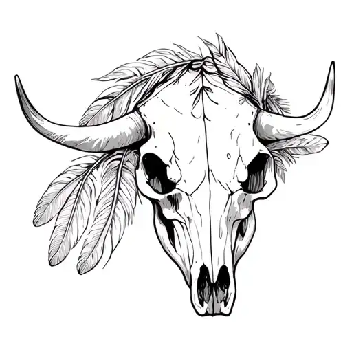 Cow Skull With Feathers