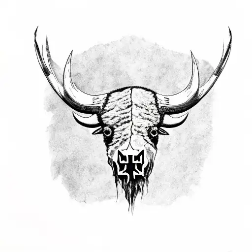 Artistic Representation Of A Bison Skull Adorned With Maple Leaves