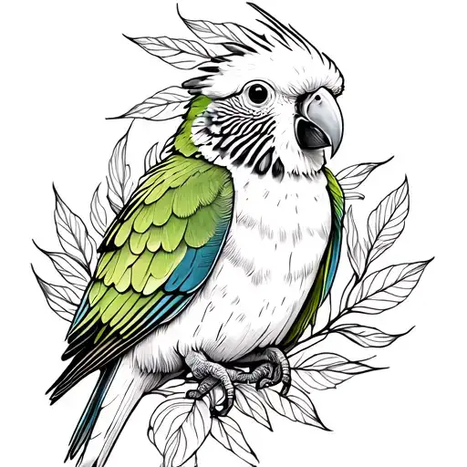 Fine Line Tattoo Black And White Green Cheek Conure With Leaves Surrounding