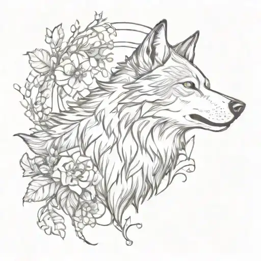 A Wolf Howling At The Moon Surrounded By A Wreath Of Flowers And Vines