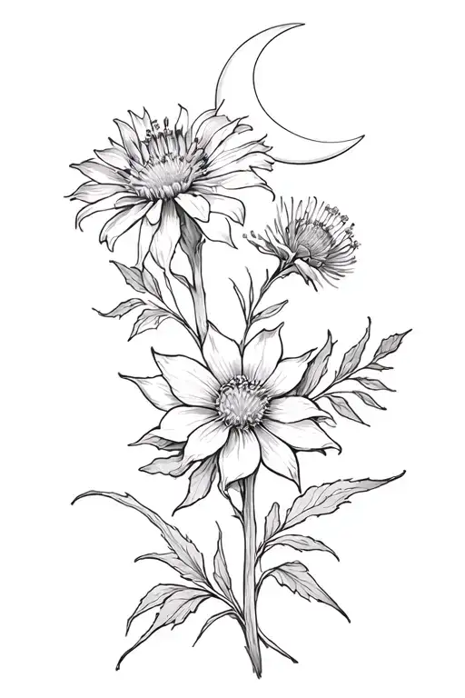 Crescent Moon Behind Nightshade Flower And Cornflower