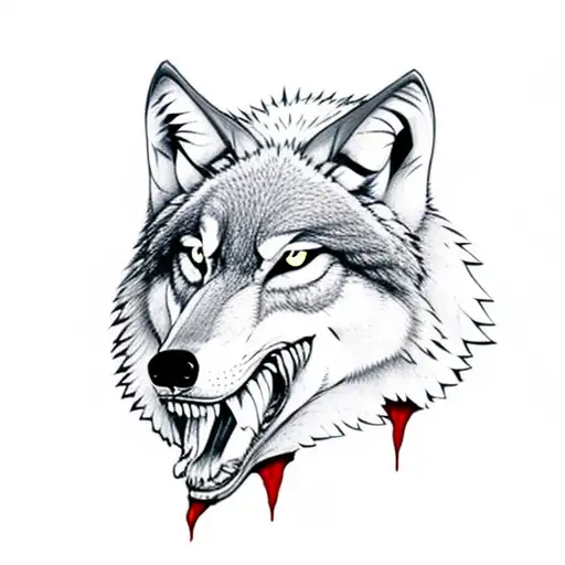 Wolf Howling At Moon With Blood Dripping From Mouth