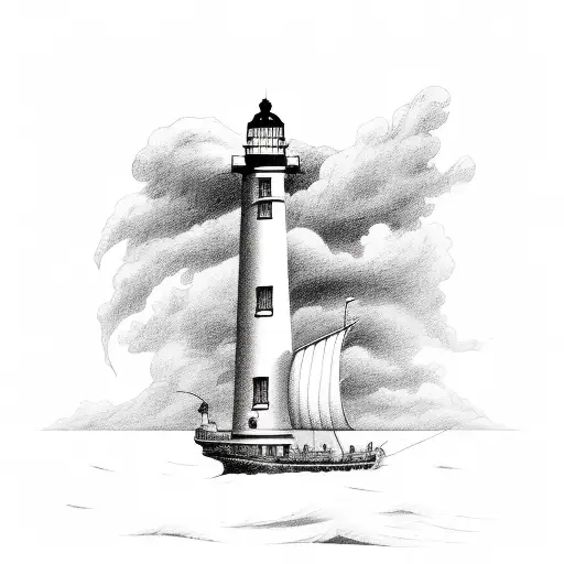 An Old Ship Sailing Towards A Lighthouse In A Stormy Ocean