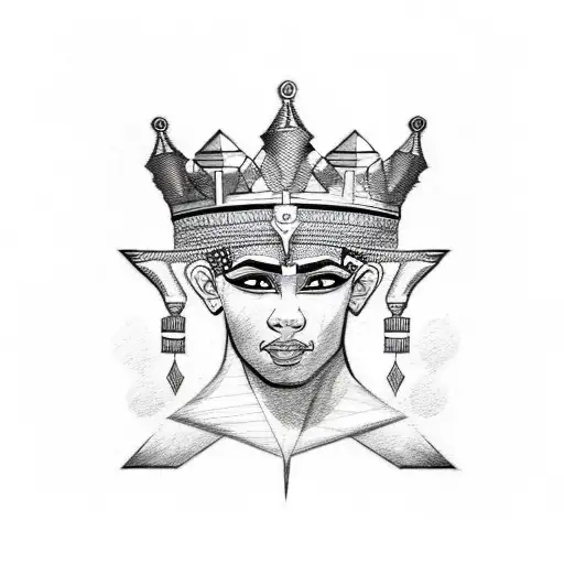 A Sketch-style Tattoo Of An Egyptian Pharaoh Wearing A Graphic Design-inspired Crown