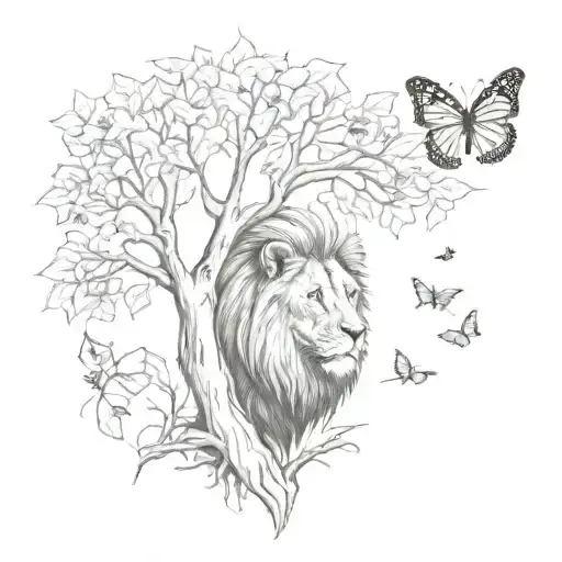 Lion And Butterfly Under A Sycamore Tree