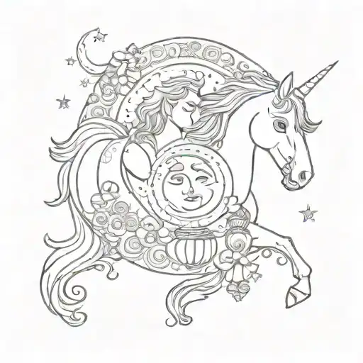 A Crescent Moon With Mono Nesting Dolls And A Unicorn