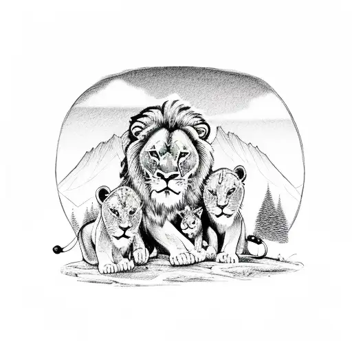 Lion Family Looking At Mountain Landscape Before Sunset