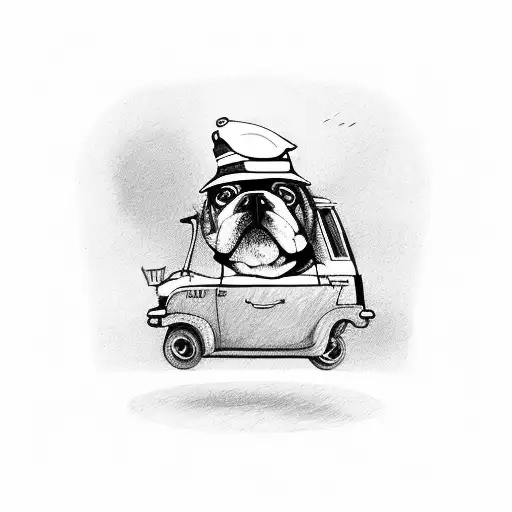 A Dog In A Small Car Wearing Pilot's Hat Sketch Style