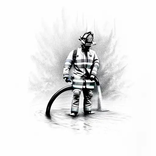 A Detailed Sketch Of A Firefighter Holding A Hose With Water Splashing Around