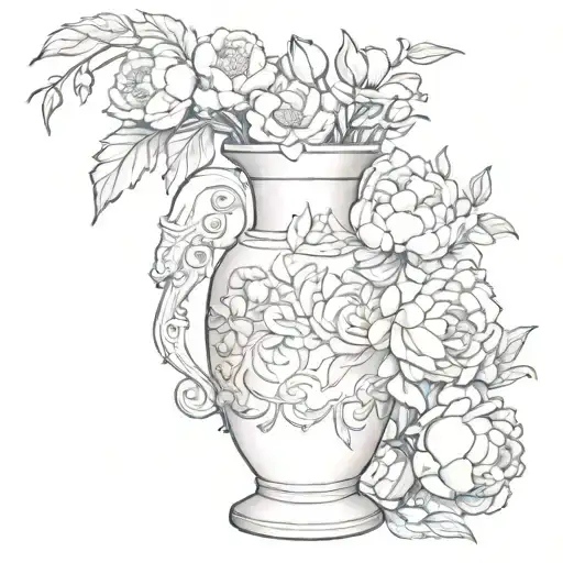 White Vase With Eve And The Snake On It And Peonies Coming Out Of The Vase