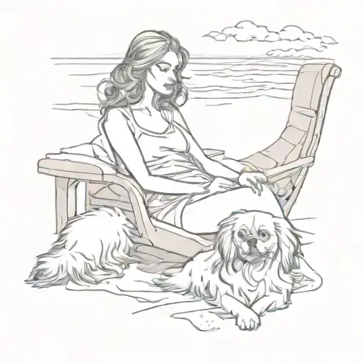 A Sketch Style Tattoo Of A Sexy Woman Lounging On A Beach With A Pekingese Dog By Her Side
