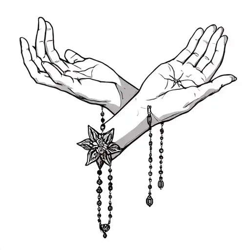 Two Palms With Fingers Crossed And A Rosary Beads