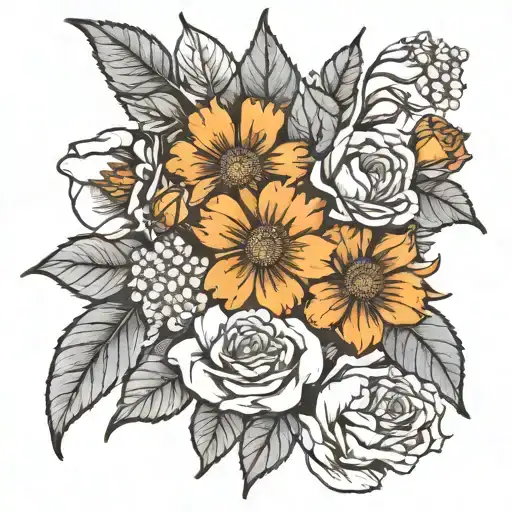 Birth Flower Bouquet July November December October April Black Ink Line