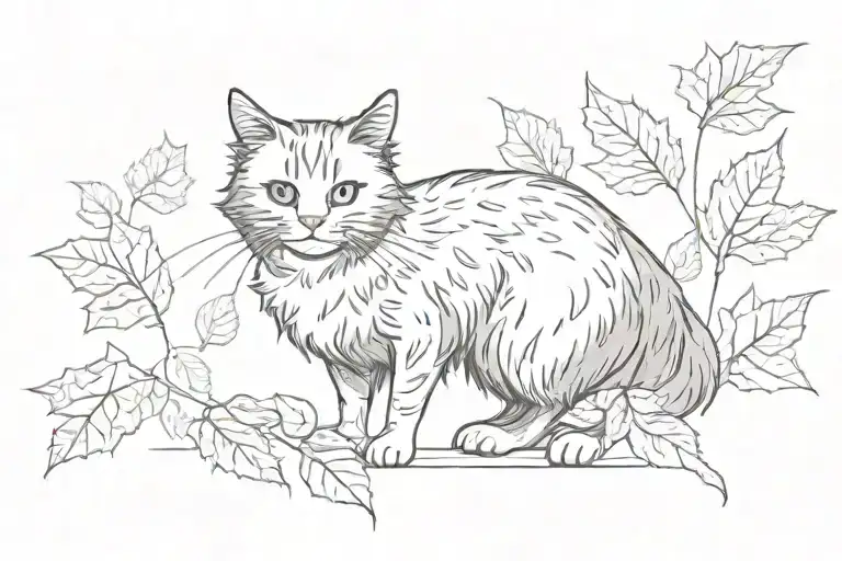 Long Hair Tuxedo Cat Full Body Playing With Leaves