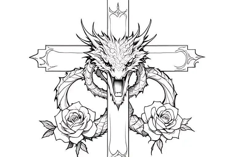 Christian Cross With 3 Roses On The Bottom And A Dragon Wrangled Around The Cross