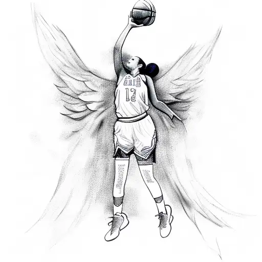 A Sketch Of A Female Basketball Player Dunking With Angel Wings