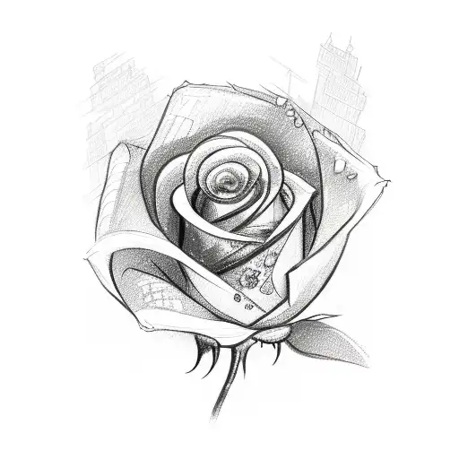 A Sketch Of A Cityscape Merging With A Blooming Red Rose