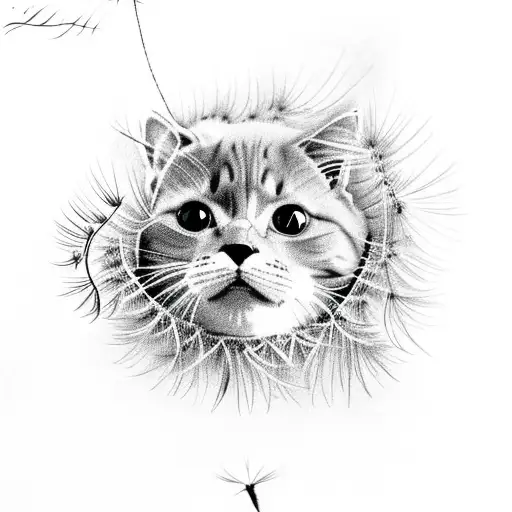 Cat With Dandelion On Field