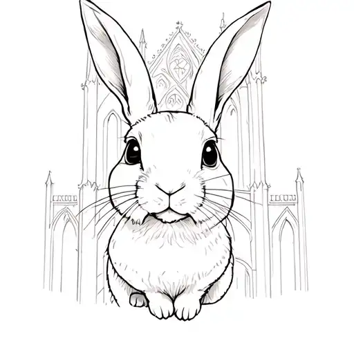 Rabbit In A Muzzle Against The Backdrop Of A Gothic Cathedral