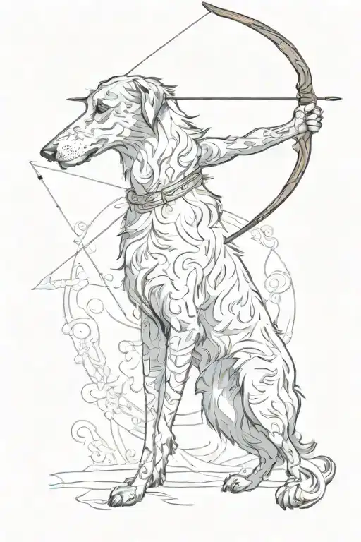 A Sketch Of A Silhouette Of A Scottish Deerhound And In The Background Artemis With Bow And Arrow