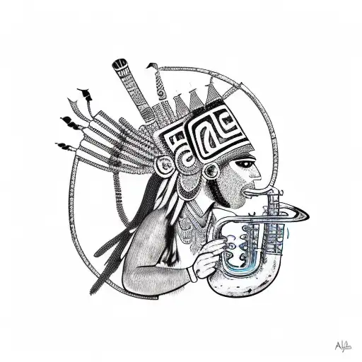 Ajolote Wearing A Tribal Aztec Headdress Playing A Saxophone In Sketch Style