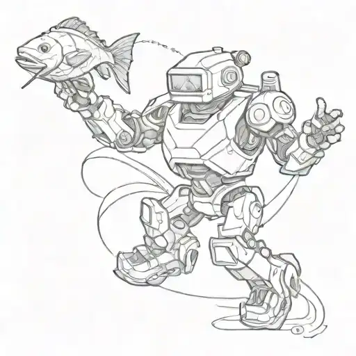 A Robotic Football Player Catching A Fish In A Video Game Style