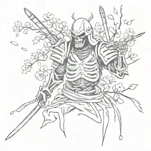 Skeleton Samurai Cherry Blossom Petals Falling
