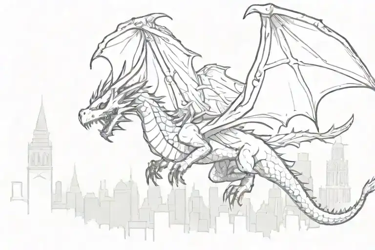 Simple Dragon Flying Over Medeival City Skyline