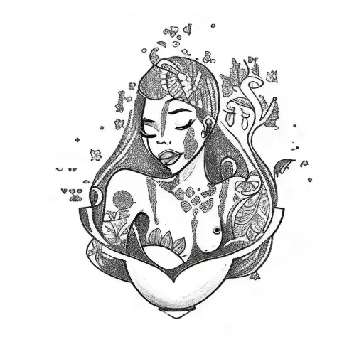 A Sketch-style Tattoo Of A Black Mermaid Holding A Teacup In A Serene Forest Setting