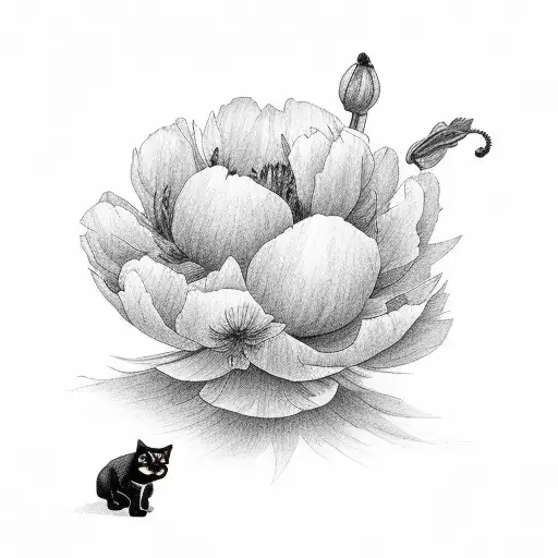 Peonies & Poppies With Small Black Cat In Petal