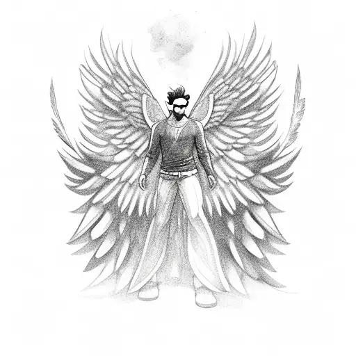Flying Male Angel With Gigantic Wings And Some Loose Feathers