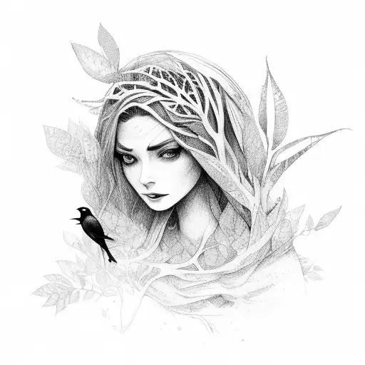 Woman King Branches Leaves Birds Witch