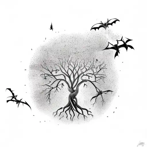 Broken Tree Of Life With Bats Flying Out Of It