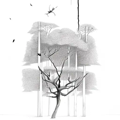 Tree Broken Down Middle With Bat Flying Up Out Of It