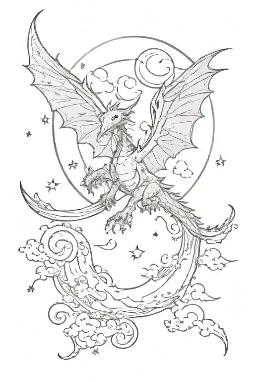 An Whimsical Smokey Night Sky With Stars And A Moon In The Sky A Very Small Fine Line Dragon Flying
