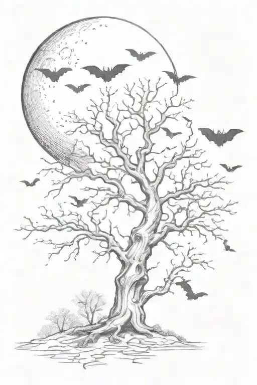 A Poison Tree With No Leaves With The Moon Over The Tree With Lots Of Bats