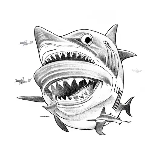 A Comical Tattoo Depicting A Shark Wearing Aviator Goggles And Flying A Tiny Airplane