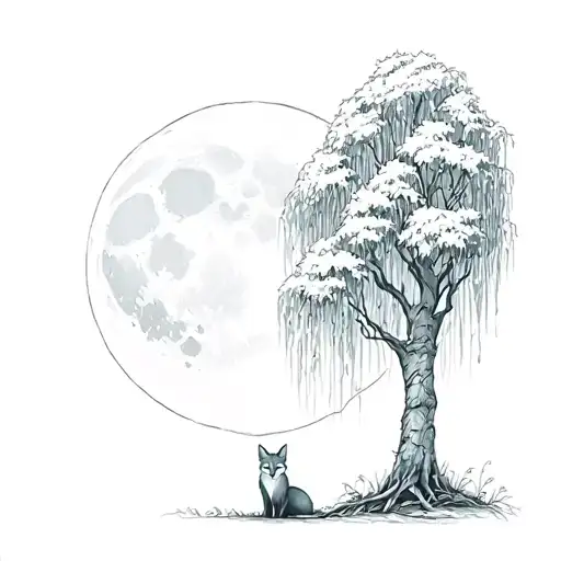 Fox Under A Weeping Willow Tree With The Moon Out