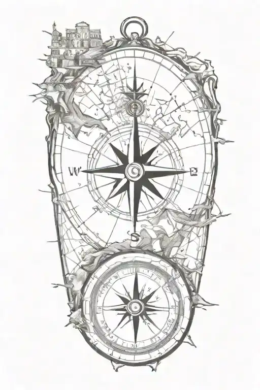 Compass And Map Featuring European Landmarks