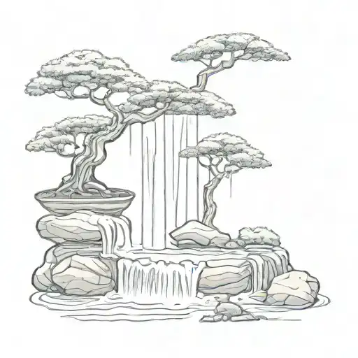 Bonsai Tree And A Waterfall With The Sun
