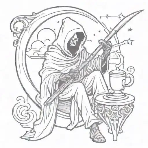 Grim Reaper Sitting In A Crescent Moon With A Scythe In One Hand And A Coffee Cup In The Other
