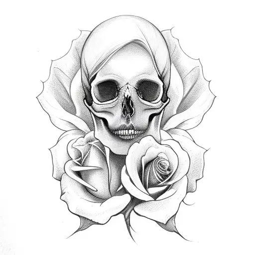 Female Skull With Hair And Rose