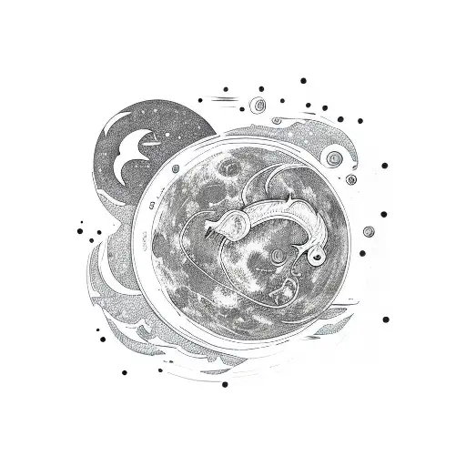 Cresent Moon With Flowing Water And A Cancer Constellation