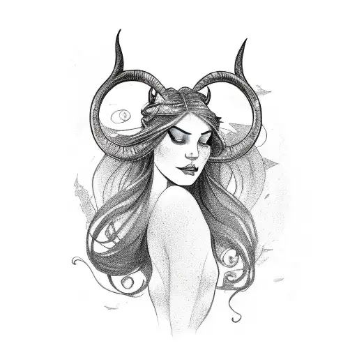 Mermaid Silhouette In Profile With Aries Horns Looking At Her Reflection In The Mirror