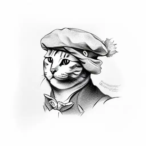A Cat Wearing A Beret Holds A Croissant In Its Paws